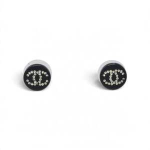 Authentic Chanel Black Resin Crystal Interlocking CC Stud Earrings 04